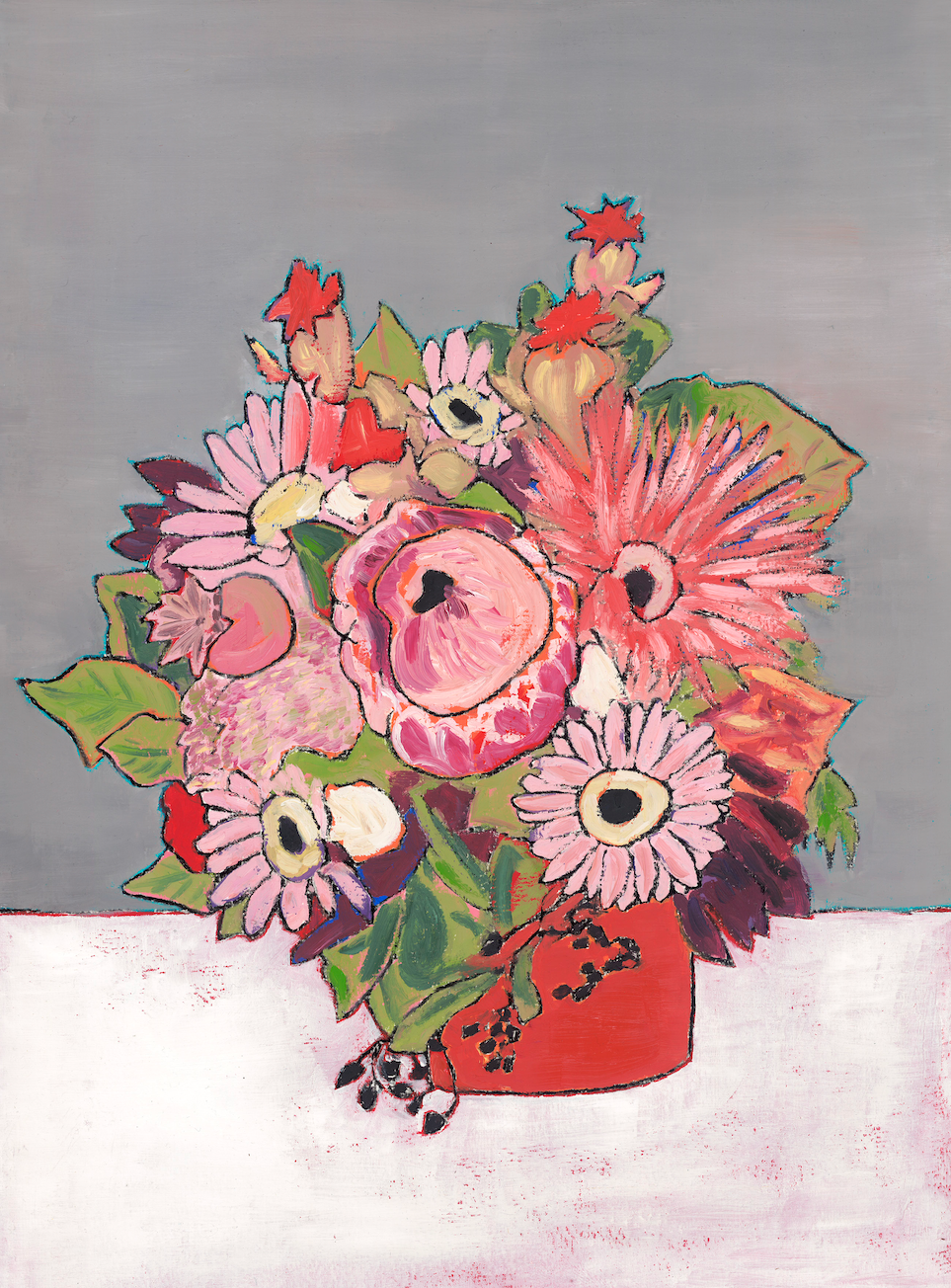 Pink Flowers in a Red Vase - Limited Edition Print